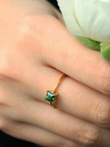 1 件简约绿色戒指女士珠宝女士 S925 纯银优雅戒指精美珠宝女孩日常装饰复古派对装饰 - 金色 - 查看 3