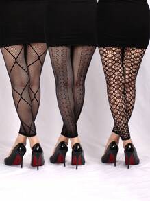 3雙/組女士超薄黑色性感花紋網狀襪子 - 黑色 - 查看 2
