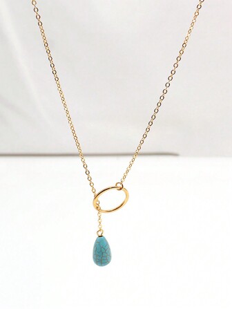 Fashionable Turquoise Circle Pendant Necklace For Women, Handmade Minimalist Alloy Jewelry
