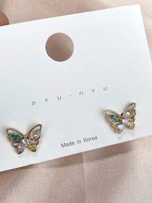 Kpop Corea Dulces Bonitos Pendientes de mariposa con stpiezas para mujeres niñas Verde rosa Cristal CZ Mini Pendientes elegantes de Bricons - oro rosa - Ver 7