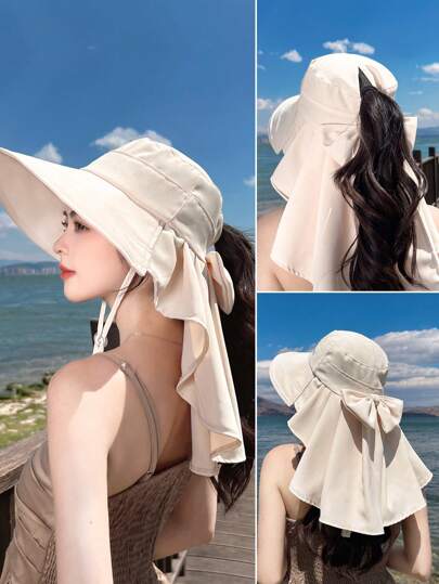 1 件女士春夏户外宽边遮阳帽，韩版时尚斗篷式，带孔，可扎马尾辫