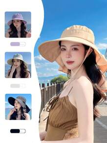 1pc Women's Spring/Summer Outdoor Wide Brim Sun Hat, Korean Fashion Poncho Style With Hole For Ponytail - Multicolor - View 3