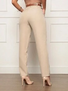 Calça alfataria social feminino com cinto de couro com bolsos - Bege - Visão 2