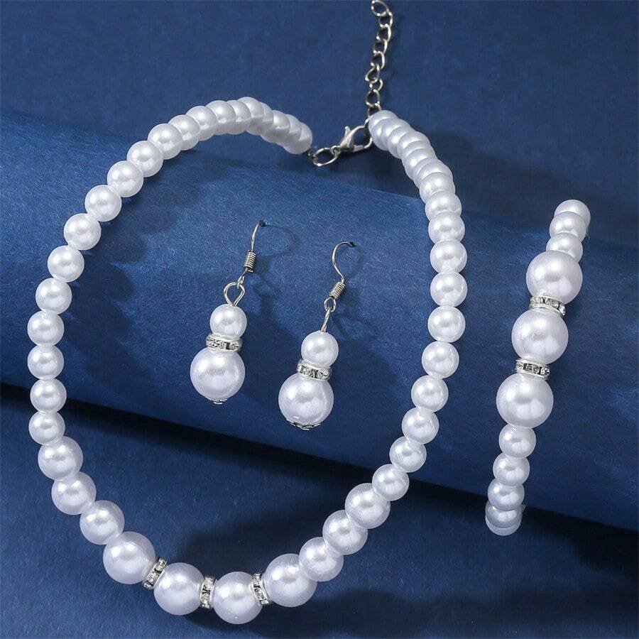 Children's 3pcs Pearl & Rhinestone Beaded Jewelry Set Including 1 Necklace, 1 Bracelet And 1pair Earrings