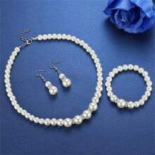 Children's 3pcs Pearl & Rhinestone Beaded Jewelry Set Including 1 Necklace, 1 Bracelet And 1pair Earrings