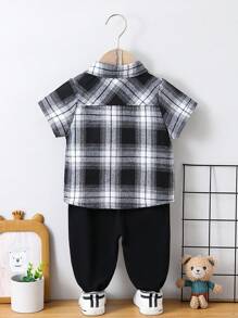 Young Boy Black And White Checkered Short Sleeve Shirt & Black Pants - Black and White - View 2