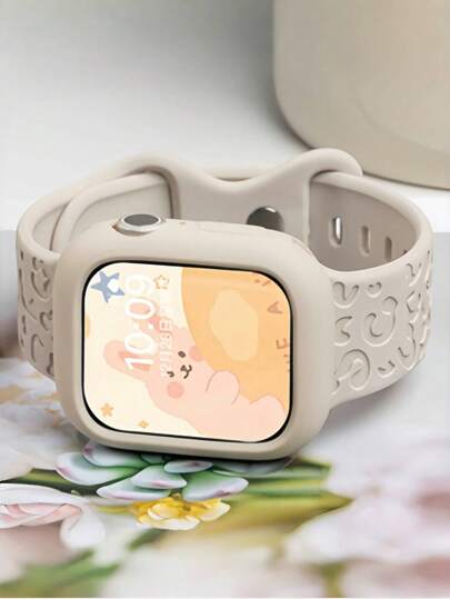 2pcs Set: 1pc Leopard Print Silicone Watch Band + 1pc Silicone Protective Case, Compatible With Apple Watch