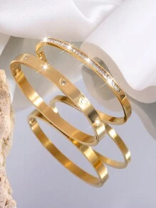 2 Pcs Gorgeous Exquisite Personalized Stainless Steel Love Single Row Drill Bangle Combination Suitable For Holiday Gift-Giving Ladies - Heart Diamond + Single Row Diamond Bracelet - View 13