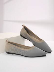 Giày bệt múa ba lê mũi nhọn dành cho nữ, Giày bệt ngoài trời thời trang, Giày vải dệt kim trơn đơn giản & thoải mái - Xám - Xem 5