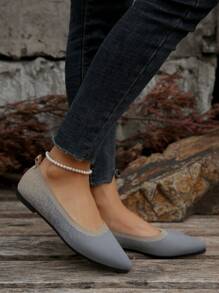 Giày bệt múa ba lê mũi nhọn dành cho nữ, Giày bệt ngoài trời thời trang, Giày vải dệt kim trơn đơn giản & thoải mái - Xám - Xem 3