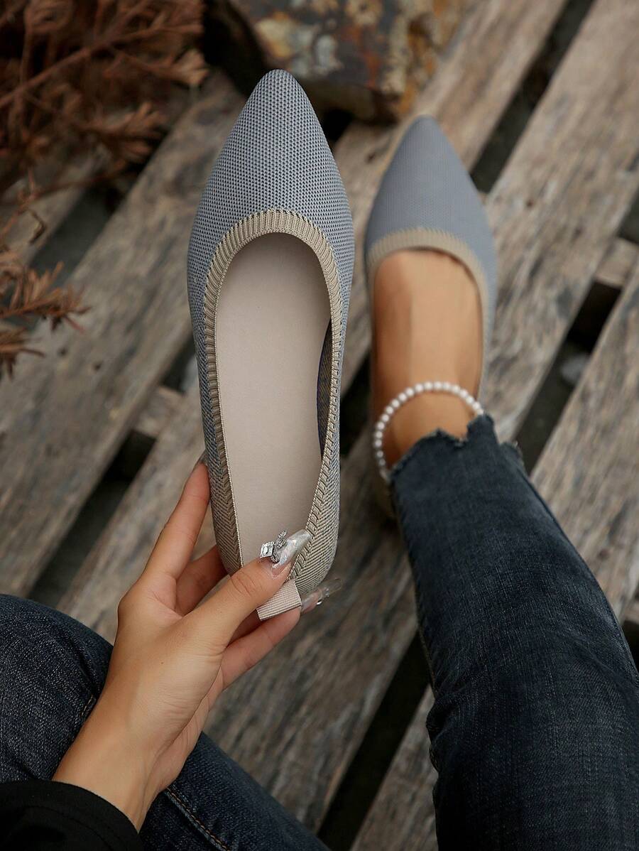 Giày bệt múa ba lê mũi nhọn dành cho nữ, Giày bệt ngoài trời thời trang, Giày vải dệt kim trơn đơn giản & thoải mái - Xám - Xem 1