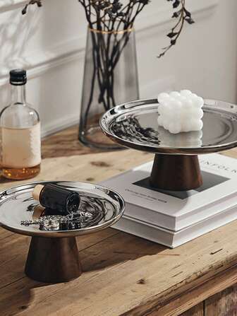 1 件装不锈钢水果盘，带木质底座，高坚果碗，珠宝托盘，高水果碗，零食盘，食品储藏盒，适用于家庭厨房野餐、厨房用品、餐具配件圣诞礼物