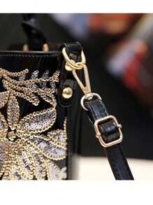 Fashionable Luxury Flower Embroidery Solid Color Zippered Patent Leather Ladies' Handbag, Large Capacity Business Style Female PU Leather Tote Hand Bag For Women, Suitable For Girls, Women, College Students, Office Workers, And White Collars, Ideal For Party Work, Business, Commuting, And School - Black - View 9