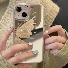 Silicone Minimalist Fashion Gold Oil Painting Texture Butterfly Element Mirror Protective Case Compatible With IPhone 17 Pro Max/ 16 Pro/ 14, Niche Design Compatible With IPhone 15 Pro Max/ 15 Pro/ 15, New 13 Pro Max/13 Pro, Shockproof Soft Silicone Case Compatible With IPhone 11/12, Minimalist Full Coverage Spring Gift Anniversary Birthday Gift Party - Multicolor - View 3