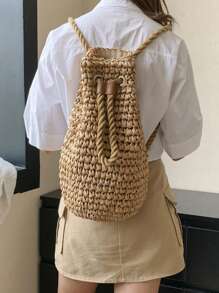 1个经典波西米亚风纯色纸编织水桶背包，配有抽绳可调节肩带，女士沙滩包，适合户外旅行、日常休闲购物和时尚穿搭。 - 卡其色 - 查看 4