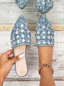 Dép bít mũi thời trang màu xanh có đính đá, thích hợp cho mọi mùa, bền bỉ cho phụ nữ mặc ở nhà, hoạt động thường ngày - Màu xanh lam - Xem 1