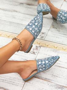 Dép bít mũi thời trang màu xanh có đính đá, thích hợp cho mọi mùa, bền bỉ cho phụ nữ mặc ở nhà, hoạt động thường ngày - Màu xanh lam - Xem 5