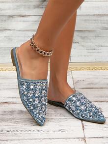 Dép bít mũi thời trang màu xanh có đính đá, thích hợp cho mọi mùa, bền bỉ cho phụ nữ mặc ở nhà, hoạt động thường ngày - Màu xanh lam - Xem 6