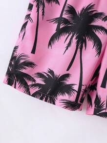 2 件套青少年男孩夏威夷椰子树字母印花针织短袖 T 恤和短裤套装，夏季 - 粉色 - 查看 9