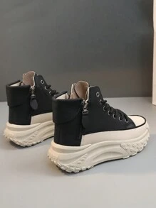 2025 New High-Top Casual Shoes For Women, Round Toe Side Zip, Thick Sole Platform, Sporty Street Style, Spring/Autumn - Black - View 5