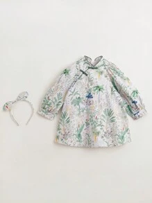 MARC&JANIE Young Girl Chinese Style Cheongsam Dress With Floral Print, Stand Collar, Long Sleeves And Hairband, Spring - Multicolor - View 4