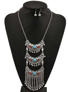 1 Miếng Retro Và Đúng mốt Xu hướng: Cắt giảm Đá quý Dài Sọc Dây chuyền Thích hợp Đối với phụ nữ Đến Mặc Lễ hội - Màu Bạc Cổ - Xem 1