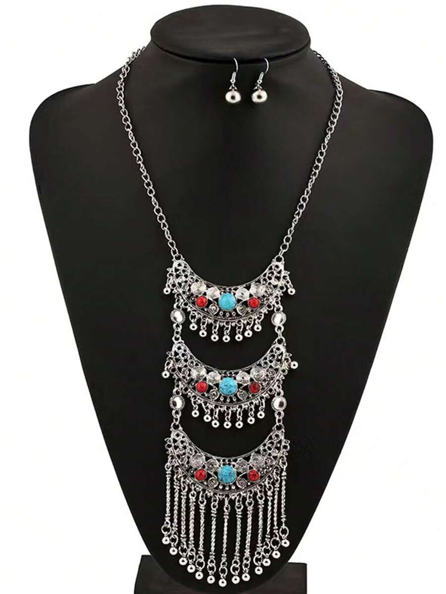 1 Miếng Retro Và Đúng mốt Xu hướng: Cắt giảm Đá quý Dài Sọc Dây chuyền Thích hợp Đối với phụ nữ Đến Mặc Lễ hội - Màu Bạc Cổ - Xem 1