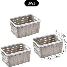 Cesta de almacenamiento de plástico, conjunto de 3 canastas de almacenamiento tejidas de plástico con asas, cesta de almacenamiento de ratán plástico para escritorio, caja de almacenamiento de sobremesa para cocina, baño y armario - Gris - Ver 2