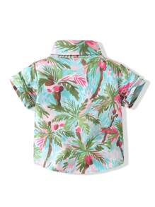 少年夏季新款椰樹數字印花假日休閒襯衫 - 藍色 - 查看 2