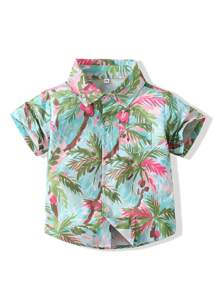 少年夏季新款椰樹數字印花假日休閒襯衫 - 藍色 - 查看 1