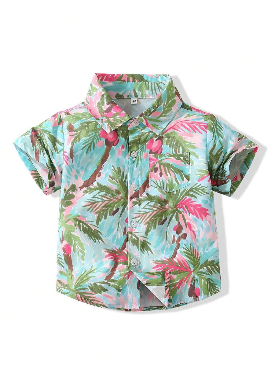 少年夏季新款椰樹數字印花假日休閒襯衫 - 藍色 - 查看 1