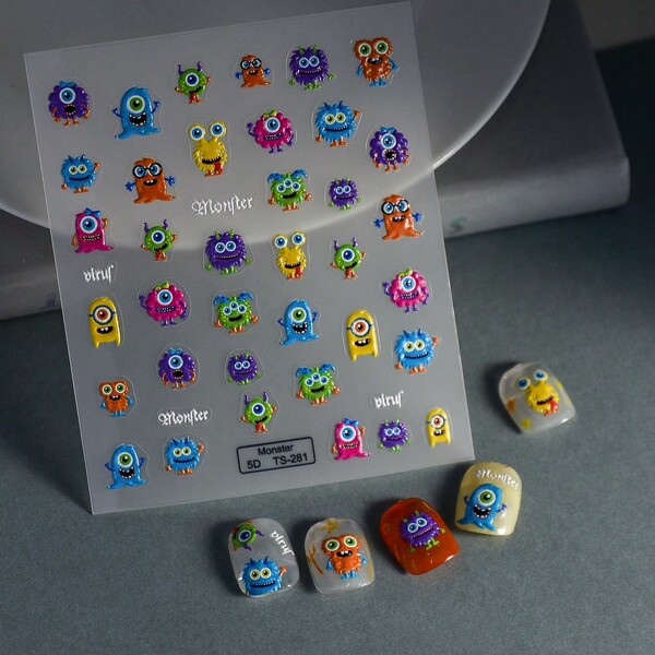 1pc Cartoon Bacteria Monster 5d Nail Art Sticker With 3d Effect For Diy Nail Art Decoration Nail Stickers