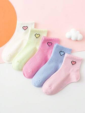 5 Pairs Pale Macaron Heart Patterned Girls' Socks, Ultra Soft Lace Trimmed Solid Color