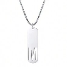 1pc Rectangle Tag English Letter Pendant Silver Tone 60cm Long Chain Necklace, Unisex - Silver - View 13