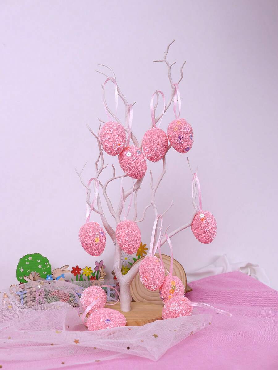 1套(12入組) - 復活節粉色泡沫蛋吊飾,小禮物送給家人用於聚會、家居裝飾、場景裝飾、主題派對裝飾、普通裝飾和慶祝活動 - 粉色 - 查看 1