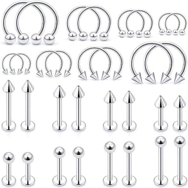 32 Piezas De Anillos De Labios, Barra De Labios O Piercing De Mordida De Serpiente De 16g Además De Aretes De Espiral, Aretes De Cartílago De Manguito De Margarita, Todo De Acero Quirúrgico Y Joyería De Perforación Unisex