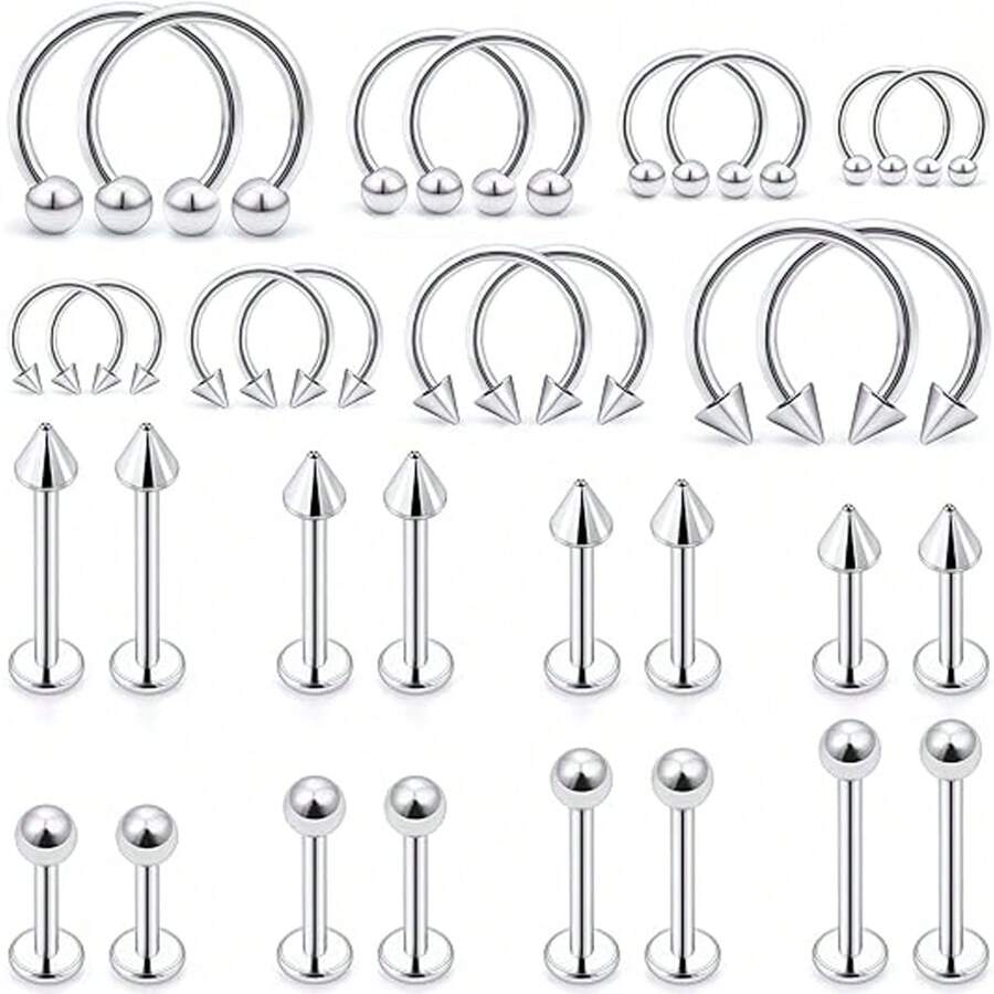 32pcs Lip Rings Jewelry Lip Bar, Snake Bite Piercing 16g Spiral Earrings, Daisy Ear Cuff Cartilage Earrings, Surgical Steel Piercing Jewelry Unisex