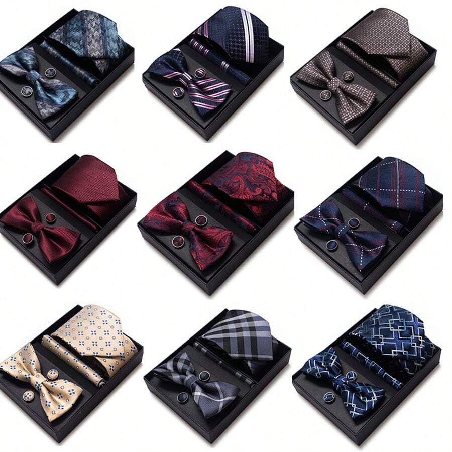 1 Bộ/6 Bộ Hộp Quà Tặng Cà Vạt & Nơ Nam, Cà Vạt Công Sở, Cà Vạt + Nơ + Khăn Tay + 2 Khuy Măng Sét + Hộp Quà Tặng Thông Thường - Nhiều màu - Xem 1