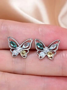 Kpop Corea Dulces Bonitos Pendientes de mariposa con stpiezas para mujeres niñas Verde rosa Cristal CZ Mini Pendientes elegantes de Bricons - oro rosa - Ver 6