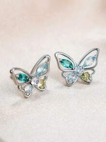 Kpop Corea Dulces Bonitos Pendientes de mariposa con stpiezas para mujeres niñas Verde rosa Cristal CZ Mini Pendientes elegantes de Bricons - oro rosa - Ver 8