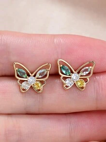 Kpop Corea Dulces Bonitos Pendientes de mariposa con stpiezas para mujeres niñas Verde rosa Cristal CZ Mini Pendientes elegantes de Bricons - oro rosa - Ver 5