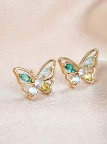 Kpop Corea Dulces Bonitos Pendientes de mariposa con stpiezas para mujeres niñas Verde rosa Cristal CZ Mini Pendientes elegantes de Bricons - oro rosa - Ver 2