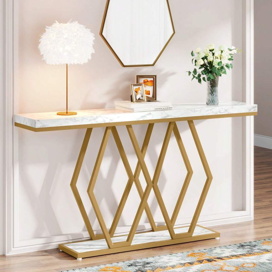 Tribesigns Console Table For Entryway Living Room, 140 X 30 X 90cm Gold Entryway Table Modern Accent Table For Hallway Entrance Foyer (Gold White) - White - View 1