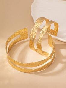 1set Geometric Hollow-Out Open Cuff Bracelet & Arm Band, 2pcs Retro Exaggerate Jewelry Set - Yellow Gold - View 3