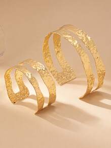 1set Geometric Hollow-Out Open Cuff Bracelet & Arm Band, 2pcs Retro Exaggerate Jewelry Set - Yellow Gold - View 5
