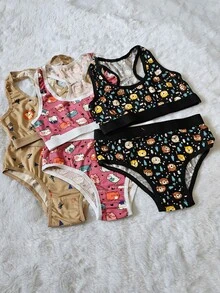 Kit 3 Conjuntos Lingerie Infantil Menina Moça Calcinha com Forro de Algodão e Top Nadador