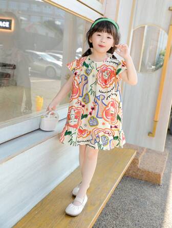 Vestido de muñeca con estampado floral y de letras para niña joven