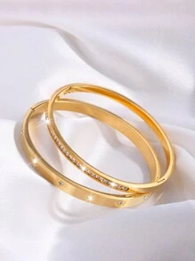 2 Pcs Gorgeous Exquisite Personalized Stainless Steel Love Single Row Drill Bangle Combination Suitable For Holiday Gift-Giving Ladies - Heart Diamond + Single Row Diamond Bracelet - View 5