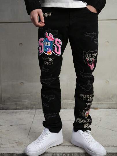  Logeqi® Jeans de streetwear Rasgados Hippie Rockero con  Parches de estilo graffiti de Color Negro de Hombre