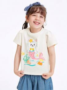 Balabala Young Girl Tops Summer Cute Mermaid Kitten Printed Pure Cotton Crewneck Short Sleeve T-Shirt White - White - View 2